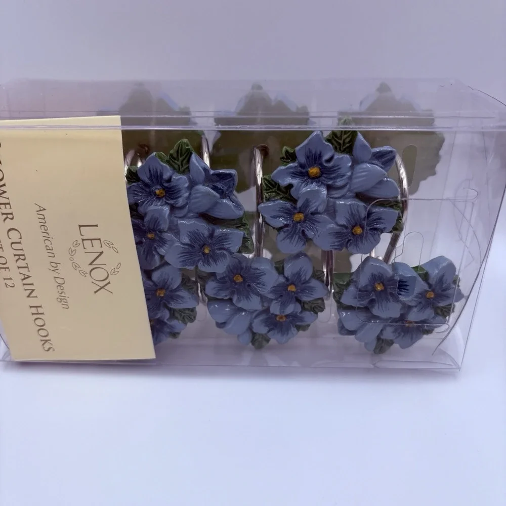 Vintage Set Of 12 Shower Hooks LENOX, Blue Floral Garden Design New